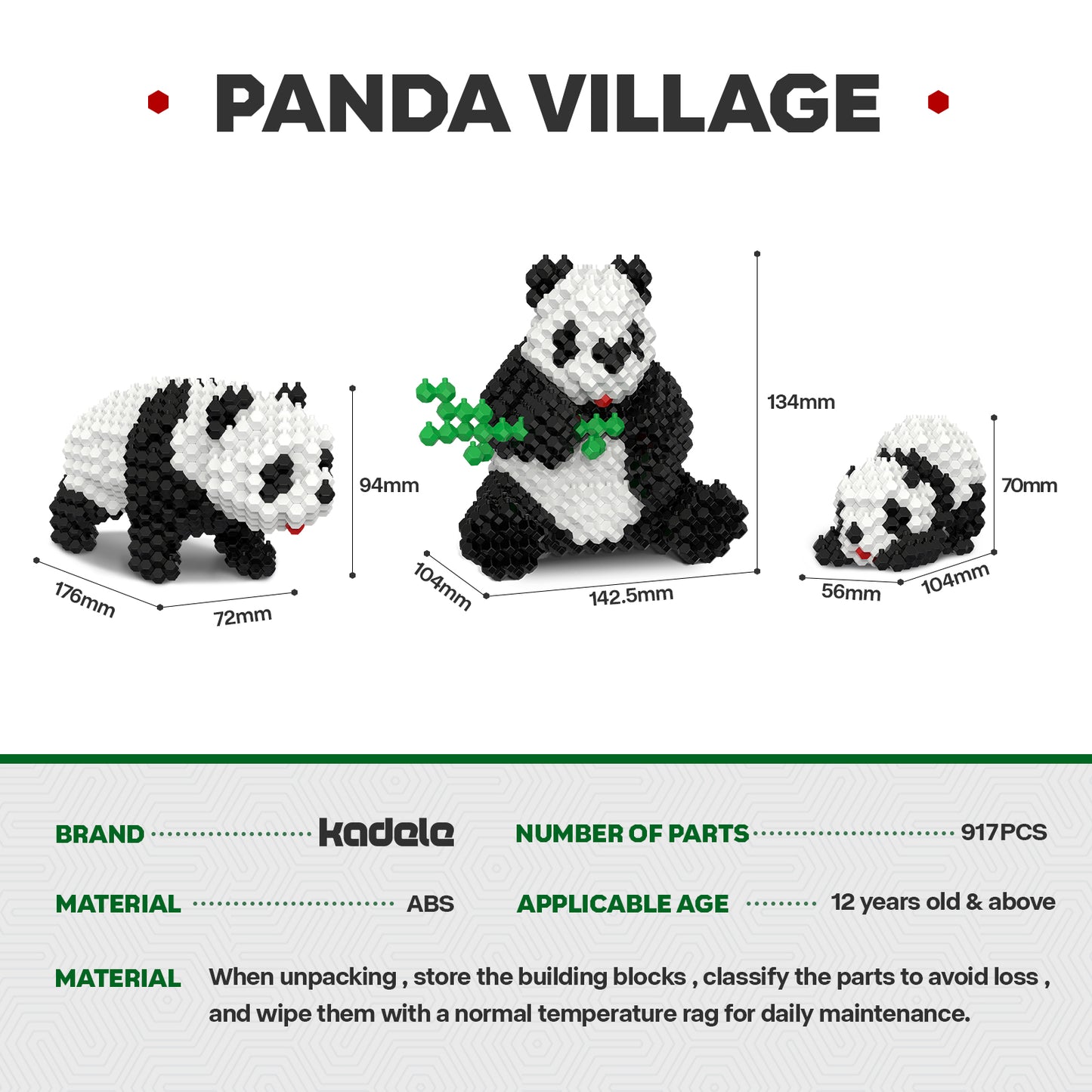 KADELE Panda Building Animal Sets, Extremely Challenging STEM Building Blocks Decor for Adults Kids, Micro 3D Educational Toys for Boys Girls Ages 12 and Up, Panda Village (917 Pieces)