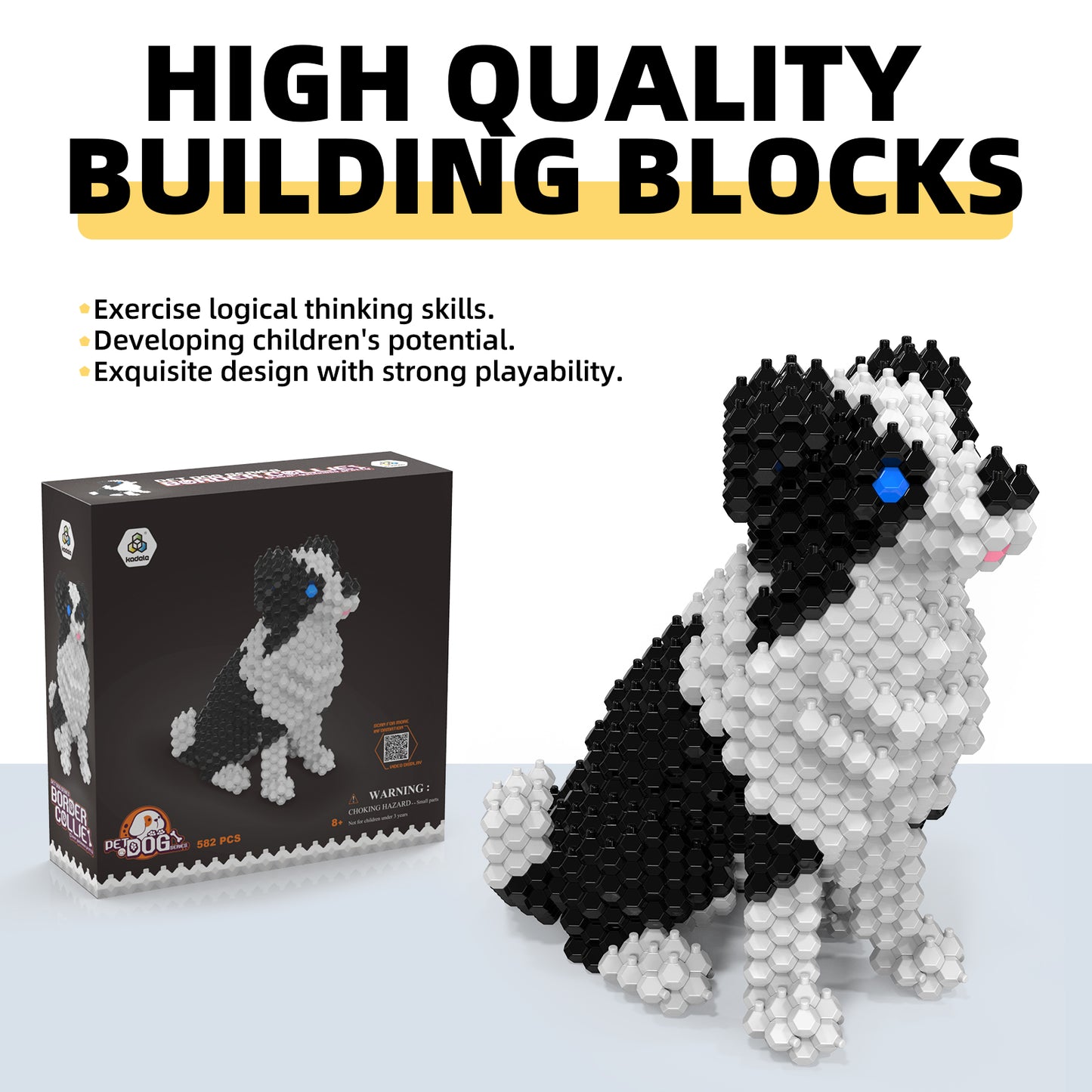 KADELE Ensemble de construction de chien mignon, blocs de construction STEM extrêmement difficiles, décoration pour adultes et enfants, micro jouets éducatifs 3D pour garçons et filles de 8 ans et plus, Border Collie
